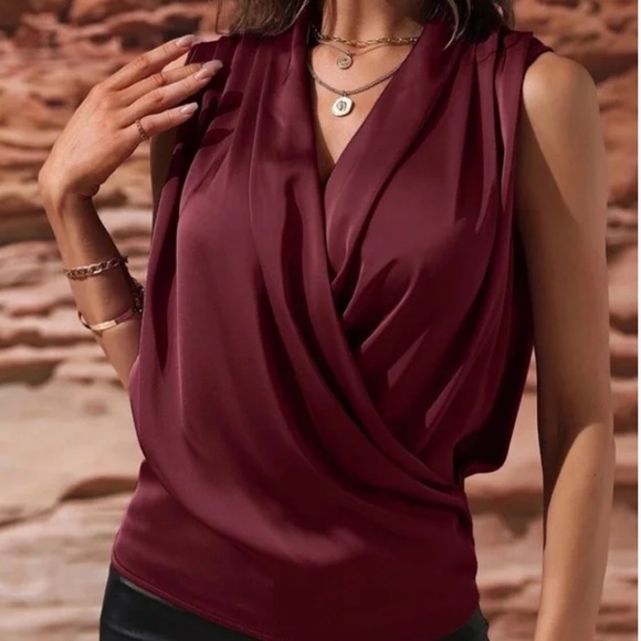 Luxe Satin Overlap Sleeveless Work Office Top Burgundy - Picture 4 of 12